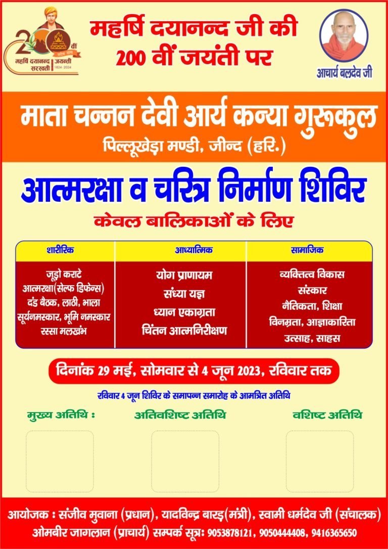 आर्य वीरांगना दल आत्मरक्षा चरित्र निर्माण प्रशिक्षण शिविर पिल्लूखेड़ा